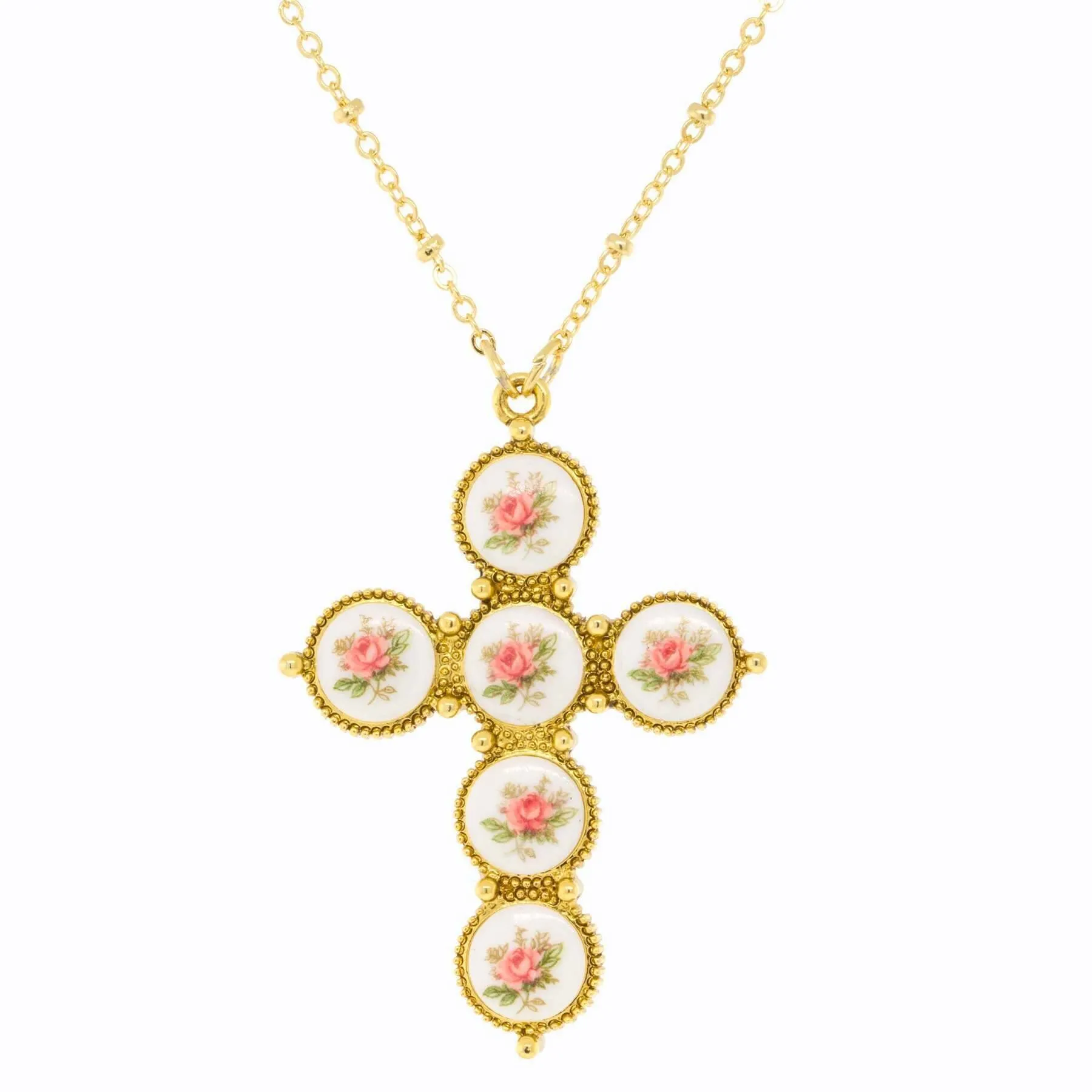 1928 Jewelry Pink Flower Decal Cross Pendant Necklace 30"