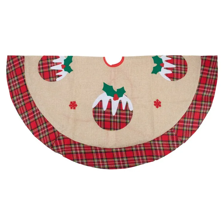 48" Burlap Plaid Tree Skirt with Christmas Puddings