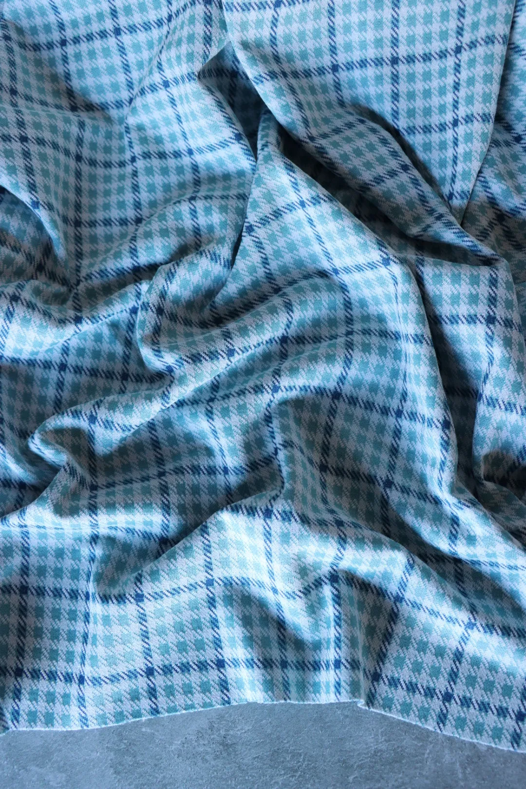 Aqua & Denim Houndstooth Plaid Yarn Dyed Jacquard Knit