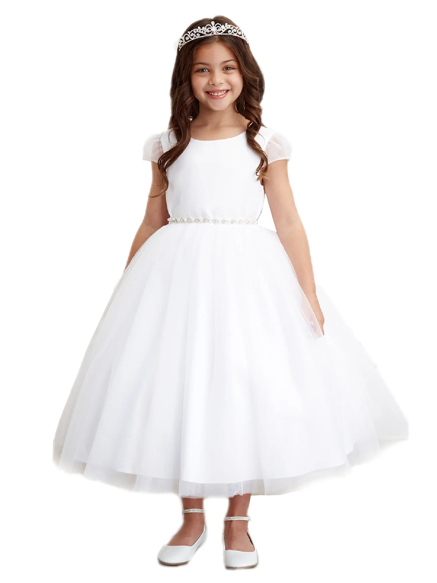 Big Girls White Tulle Cape Sleeve Rhinestone Belt Junior Bridesmaid Dress 8-16