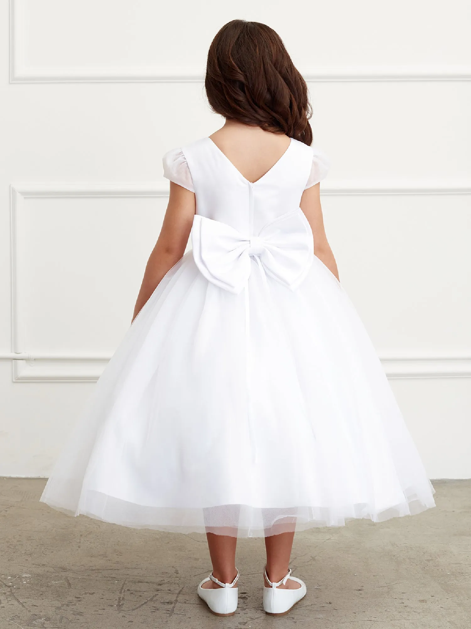 Big Girls White Tulle Cape Sleeve Rhinestone Belt Junior Bridesmaid Dress 8-16