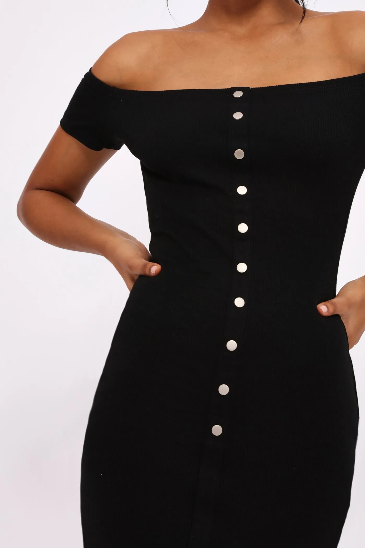 Black Bardot Button Up Mini Dress