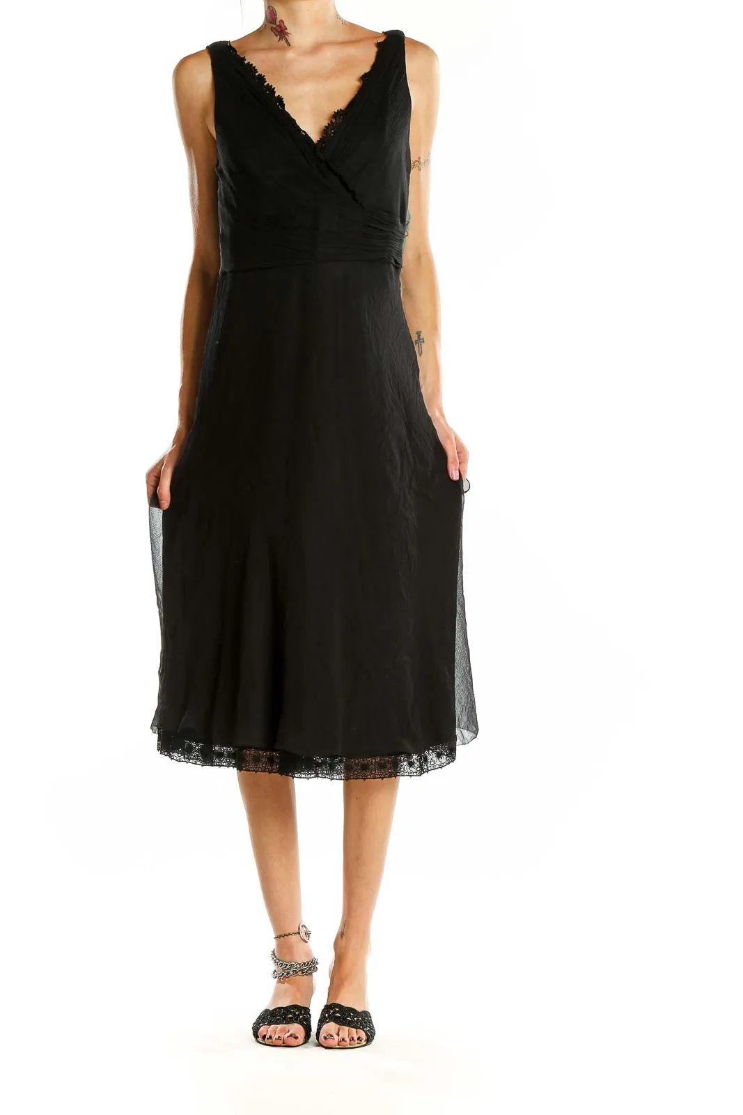 Black Silk Wrap Midi Dress