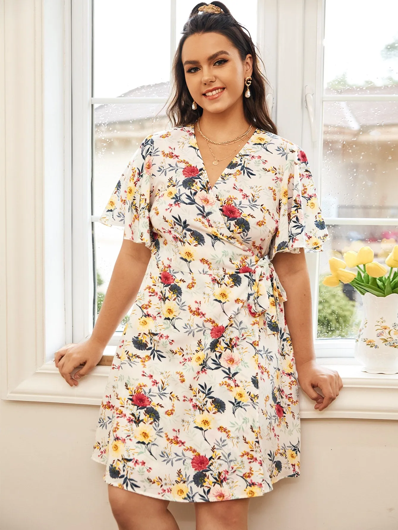 Boho Floral Wrap Short Sleeve V Neck Wrap High Waist Short Plus Size Dress