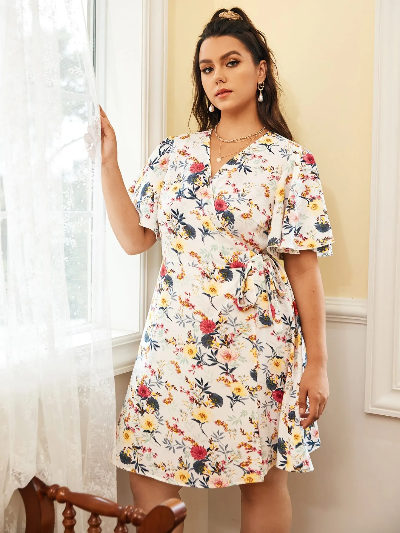 Boho Floral Wrap Short Sleeve V Neck Wrap High Waist Short Plus Size Dress