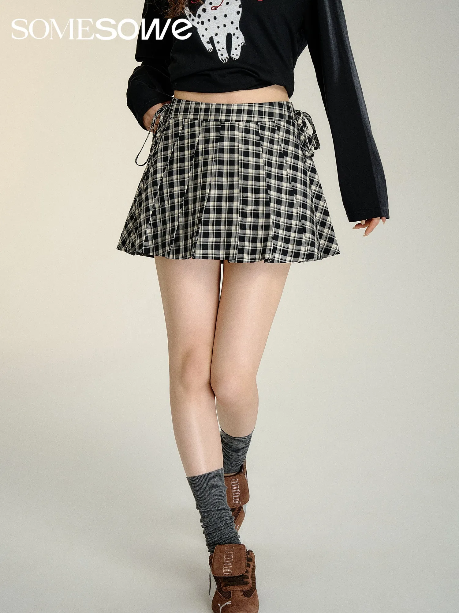 Bow Tie Plaid Pleated Skirt