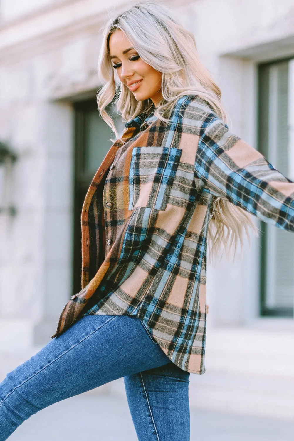 Brown Plaid Color Block Button-Up Shirt with Pocket Accents