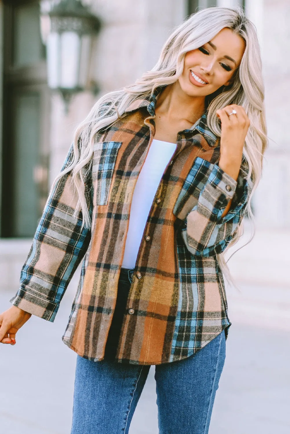 Brown Plaid Color Block Button-Up Shirt with Pocket Accents