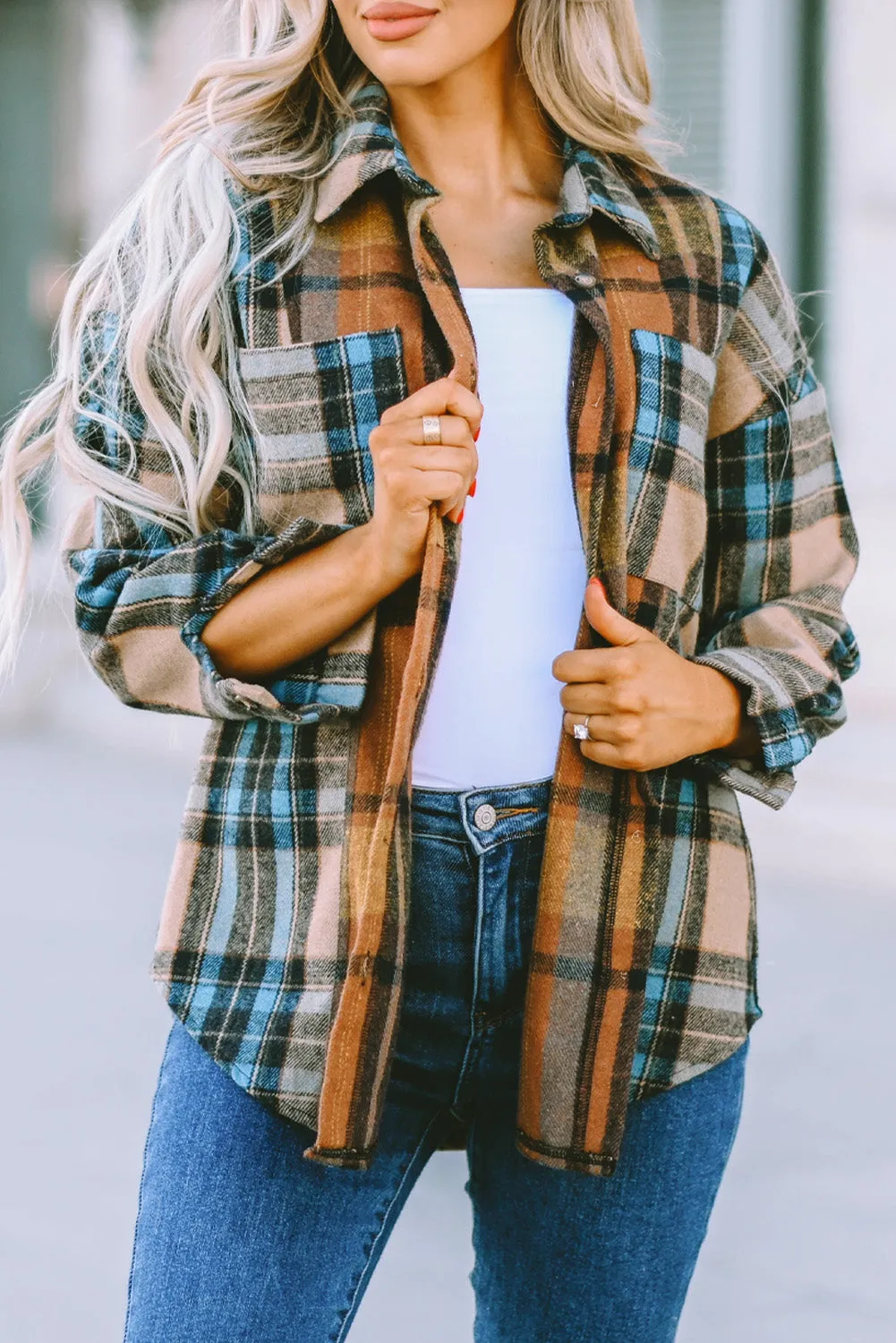 Brown Plaid Color Block Button-Up Shirt with Pocket Accents