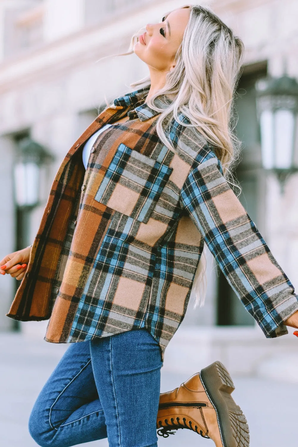 Brown Plaid Color Block Button-Up Shirt with Pocket Accents