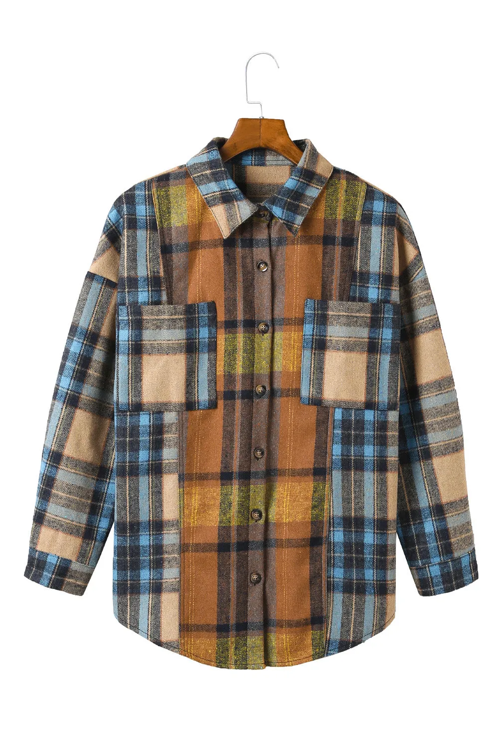 Brown Plaid Color Block Button-Up Shirt with Pocket Accents