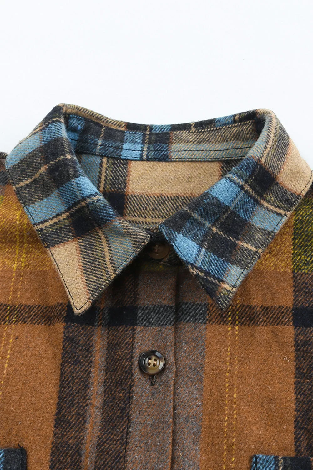 Brown Plaid Color Block Button-Up Shirt with Pocket Accents