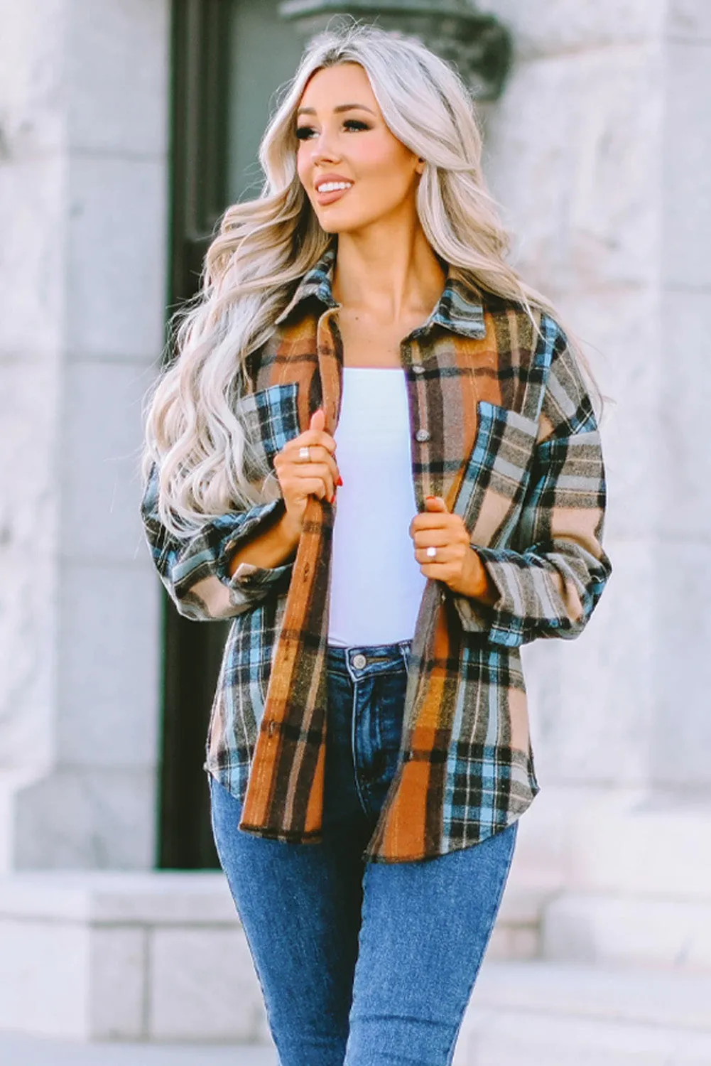 Brown Plaid Color Block Button-Up Shirt with Pocket Accents