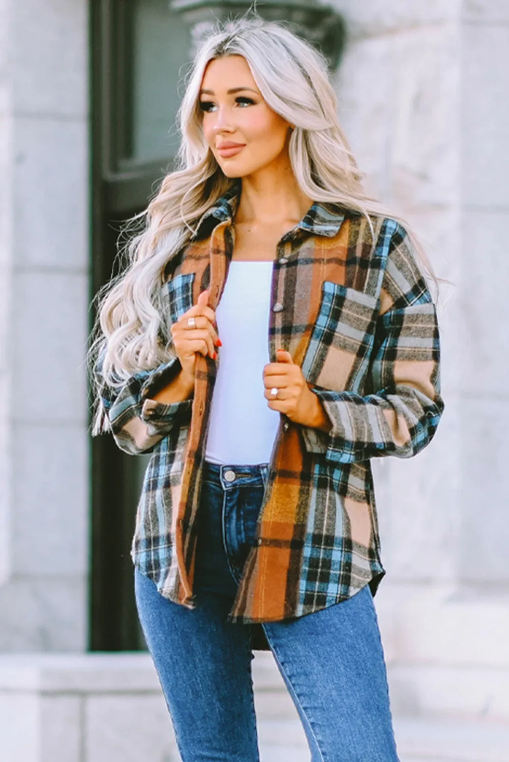 Brown Plaid Color Block Button-Up Shirt with Pocket Accents