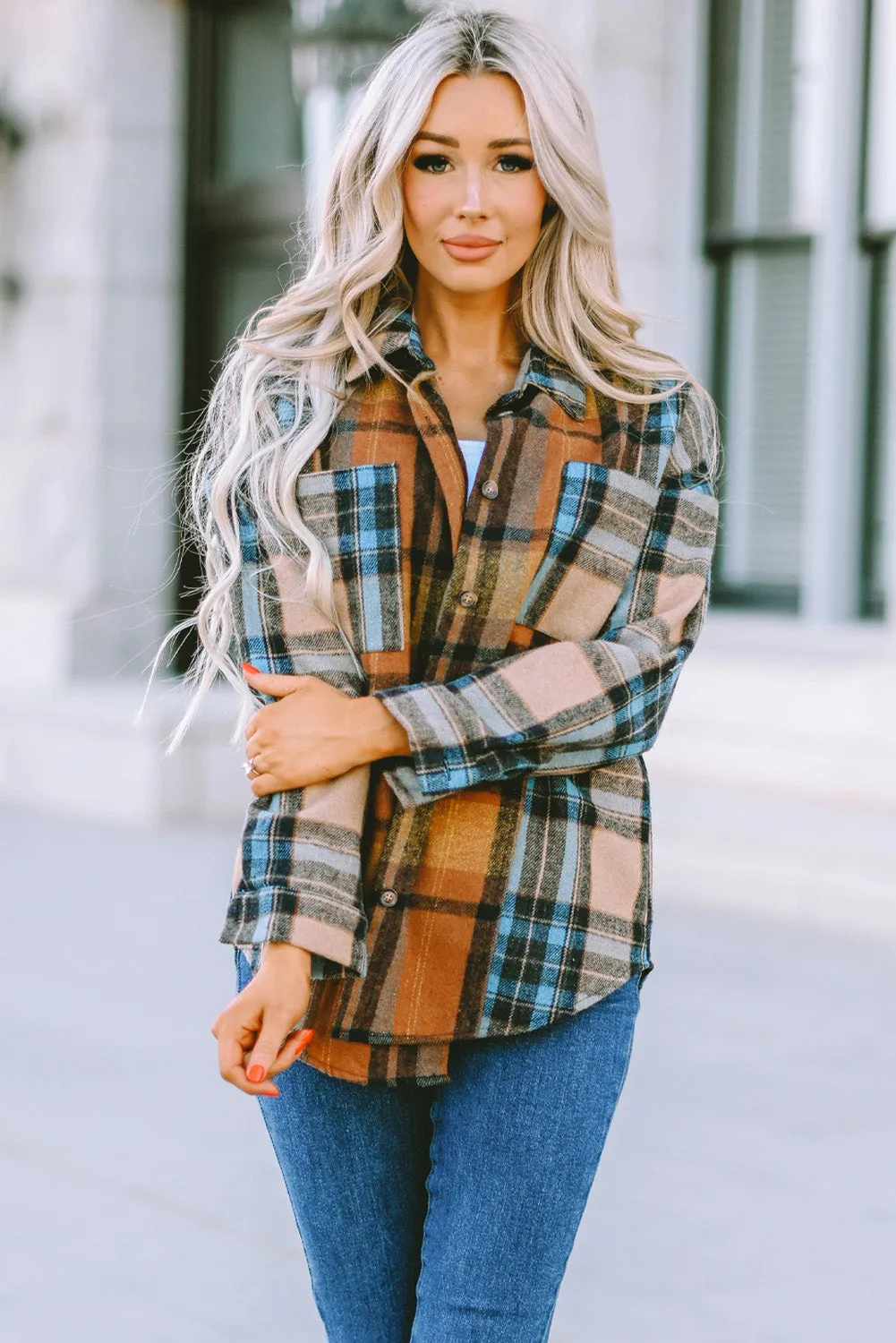 Brown Plaid Color Block Button-Up Shirt with Pocket Accents