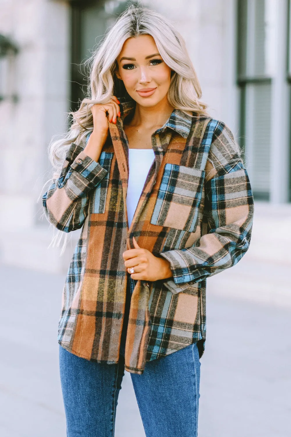 Brown Plaid Color Block Button-Up Shirt with Pocket Accents