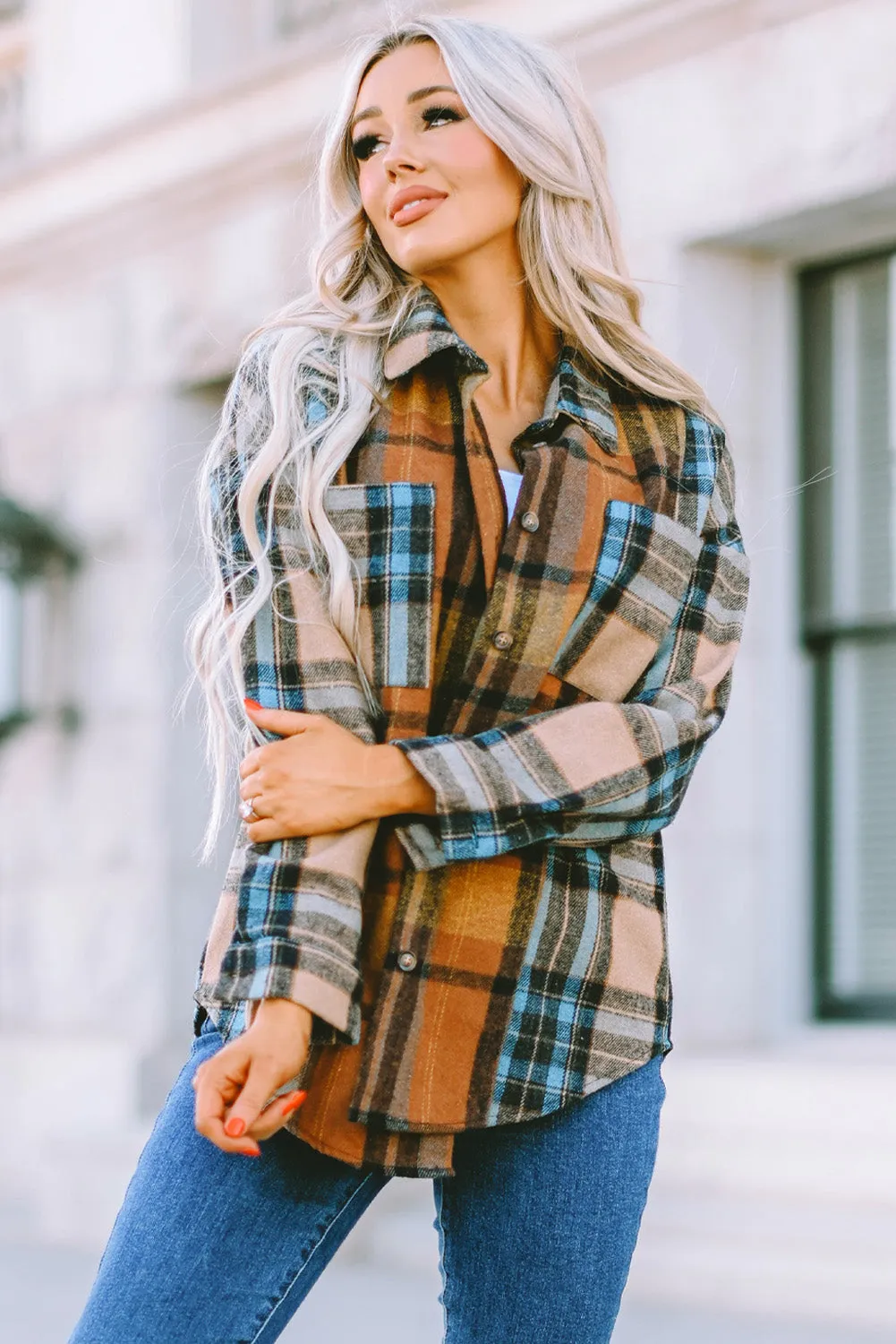 Brown Plaid Color Block Button-Up Shirt with Pocket Accents