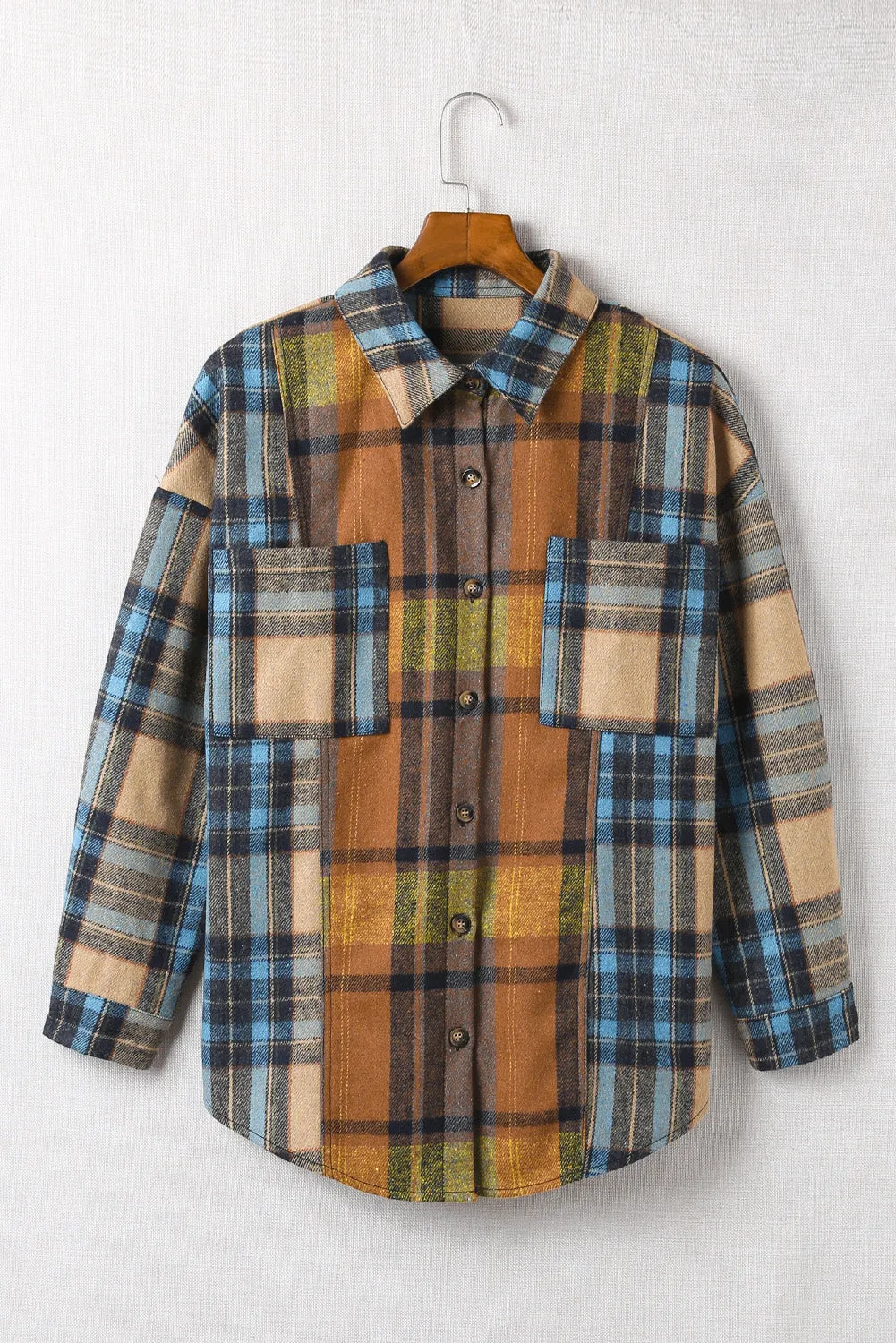 Brown Plaid Color Block Button-Up Shirt with Pocket Accents