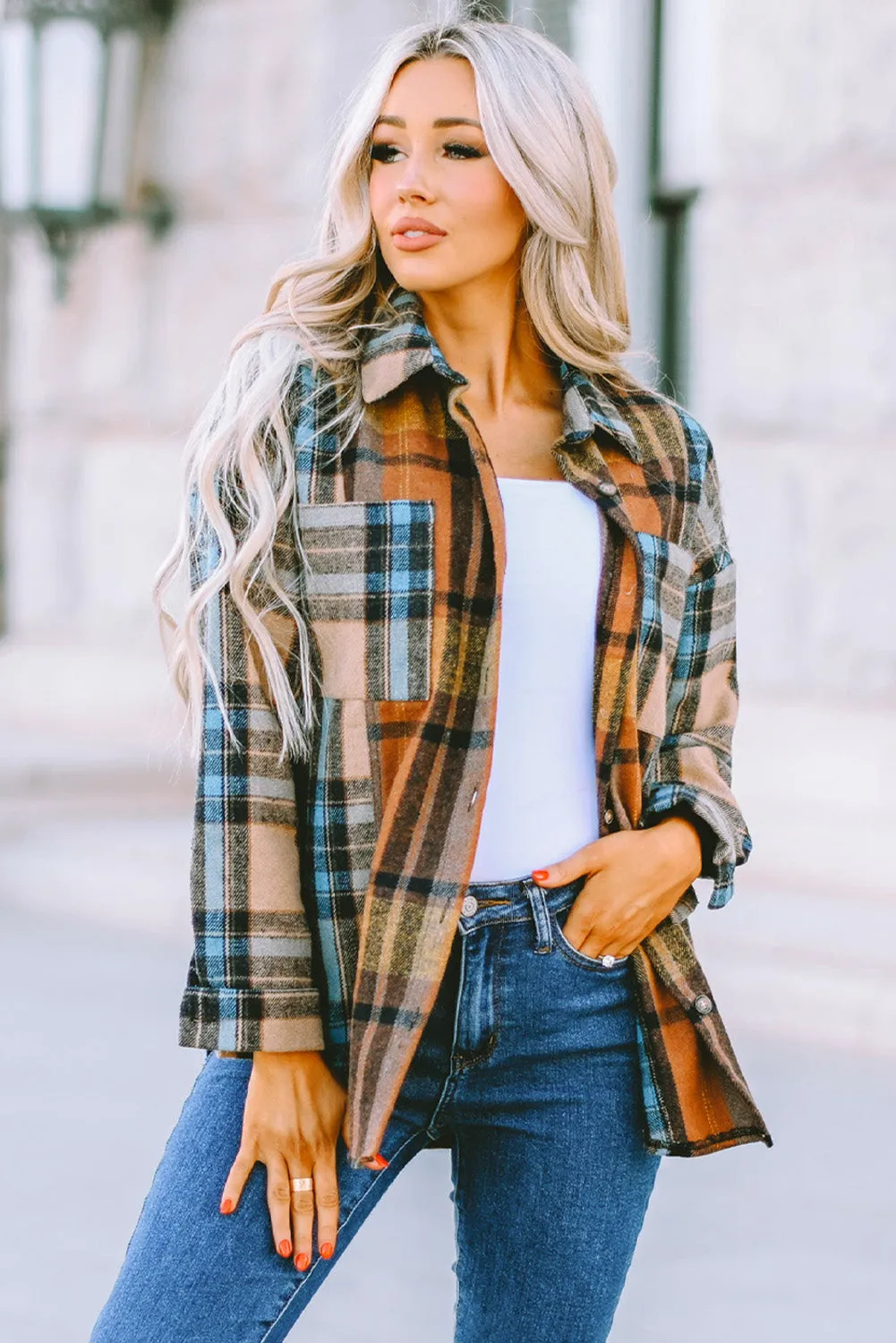 Brown Plaid Color Block Button-Up Shirt with Pocket Accents