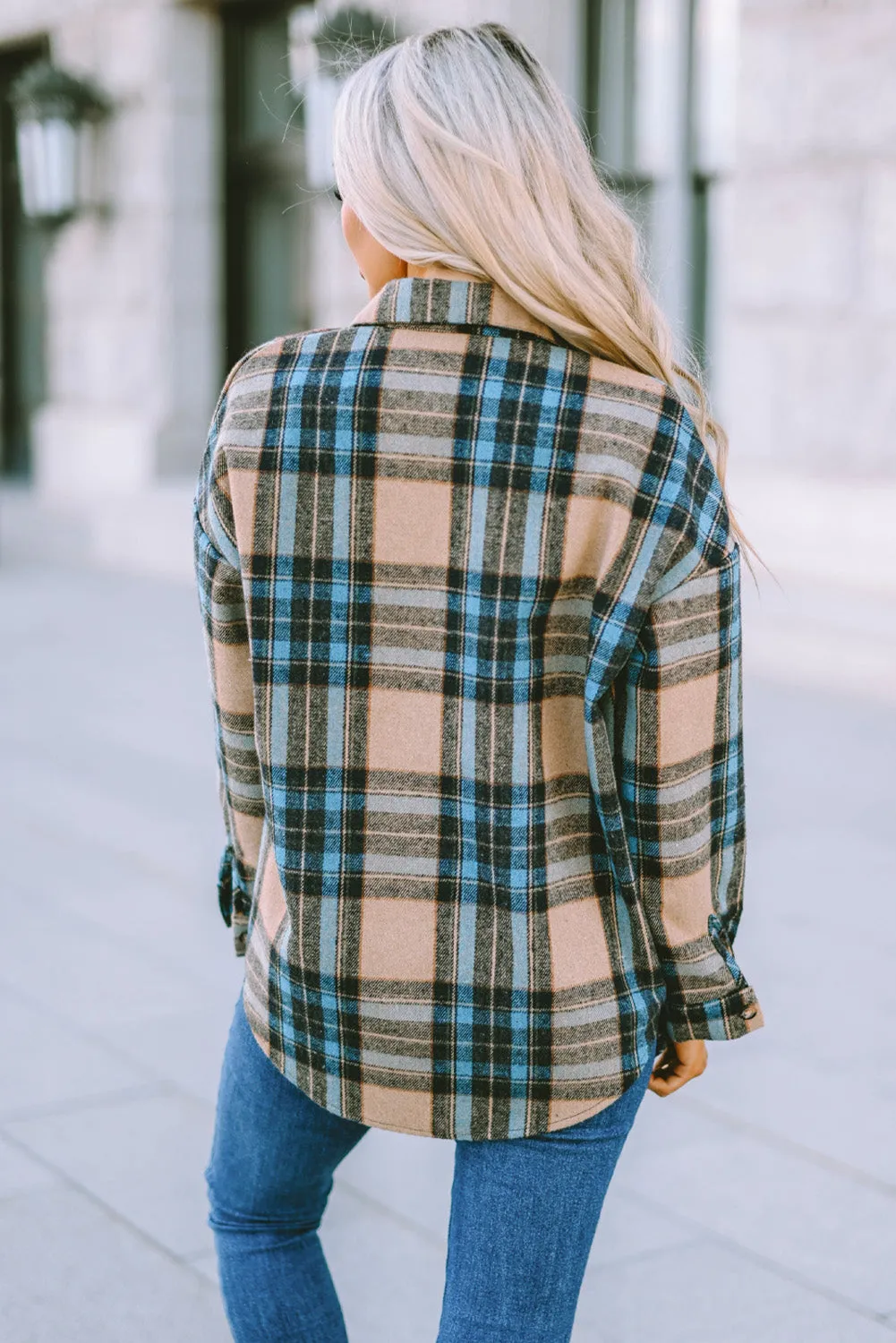 Brown Plaid Color Block Button-Up Shirt with Pocket Accents