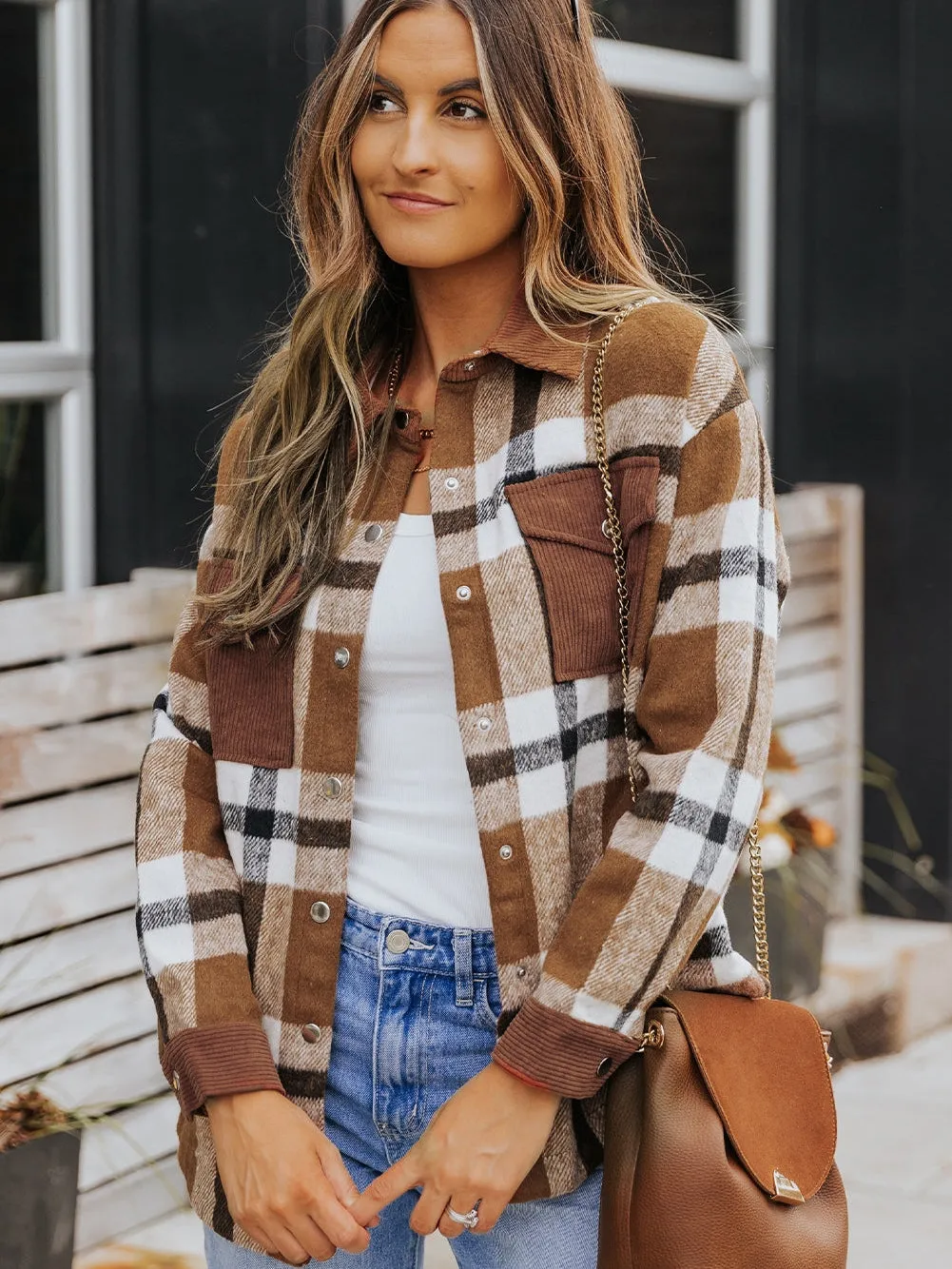 Brown Plaid Shacket with Pockets