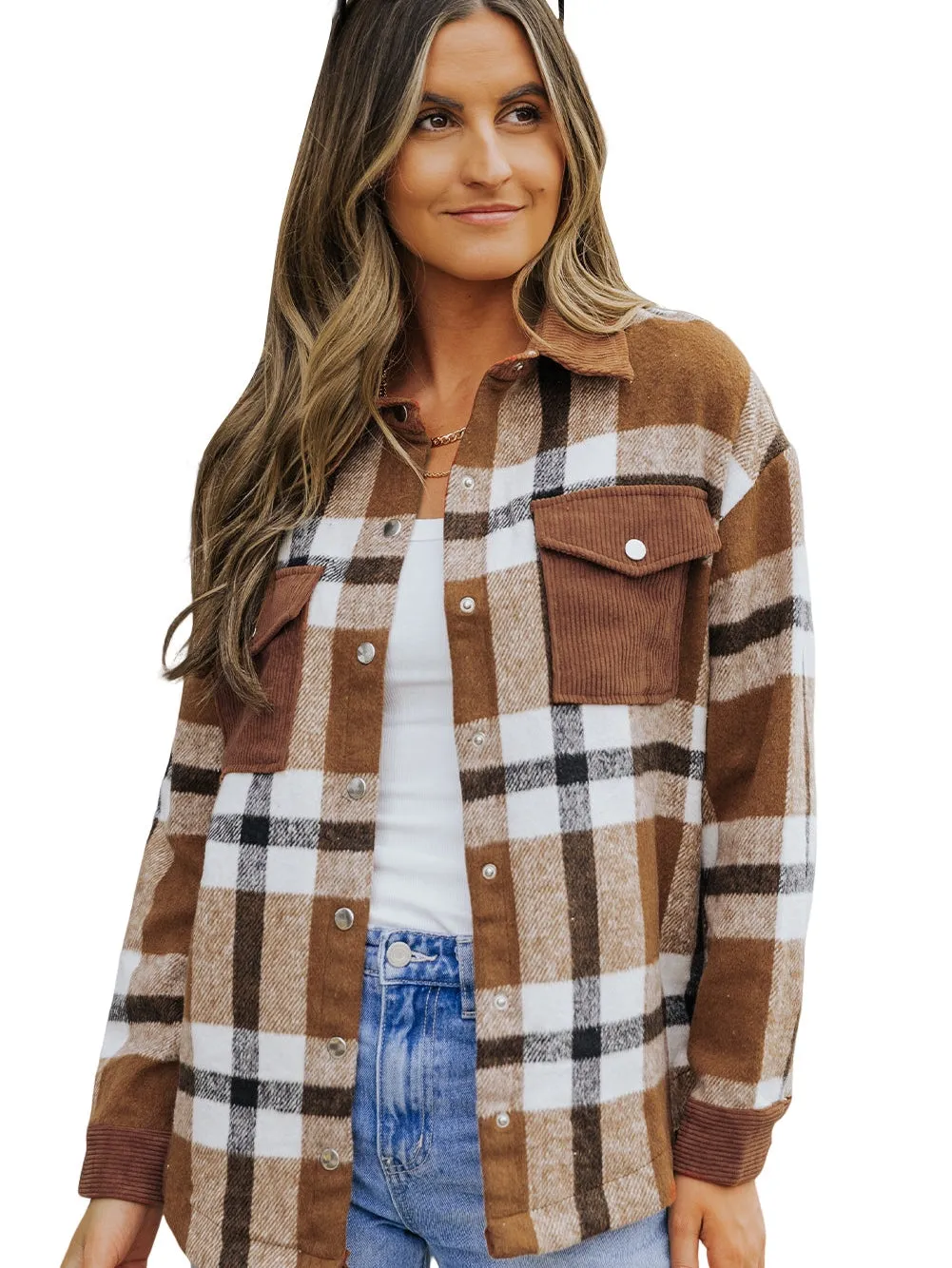 Brown Plaid Shacket with Pockets