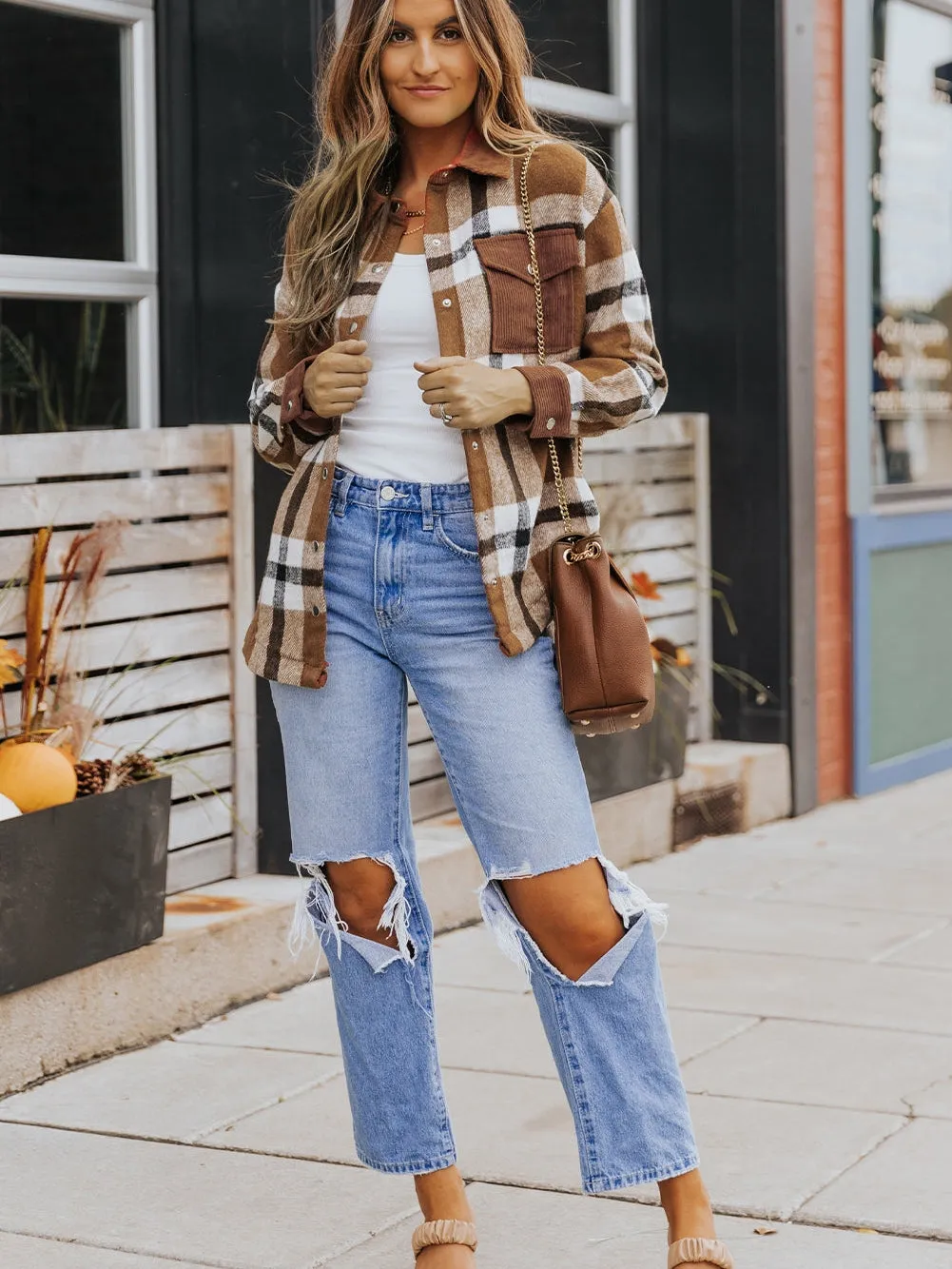 Brown Plaid Shacket with Pockets