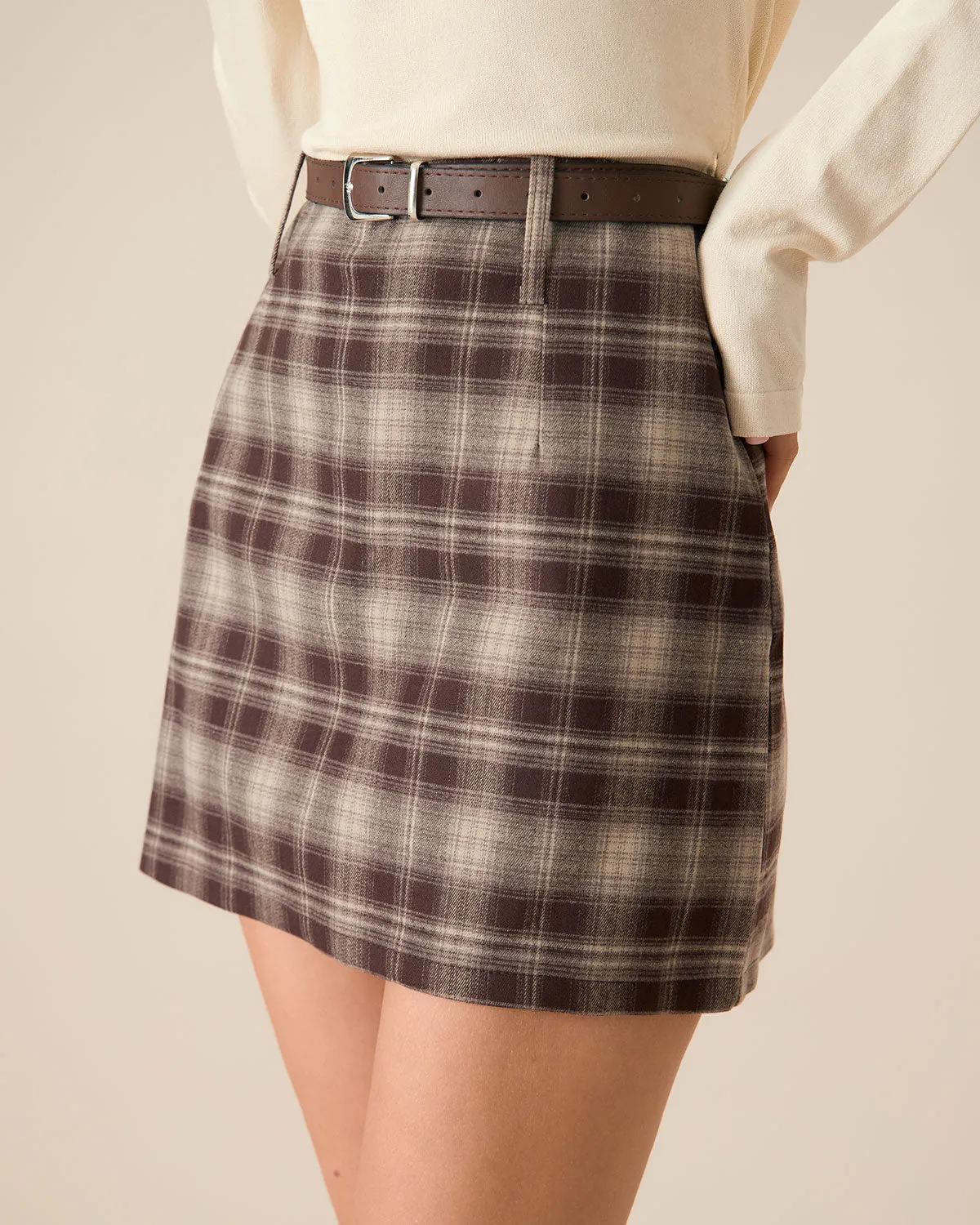 Brown Plaid Straight Mini Skirt