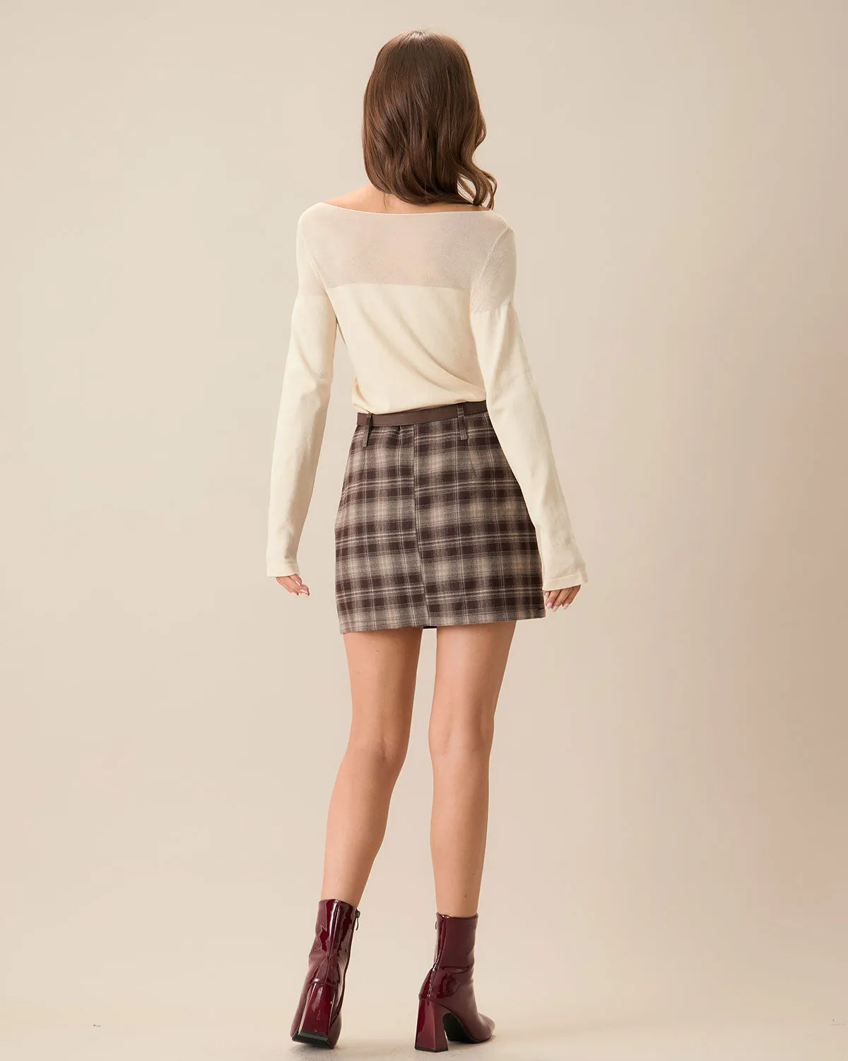 Brown Plaid Straight Mini Skirt