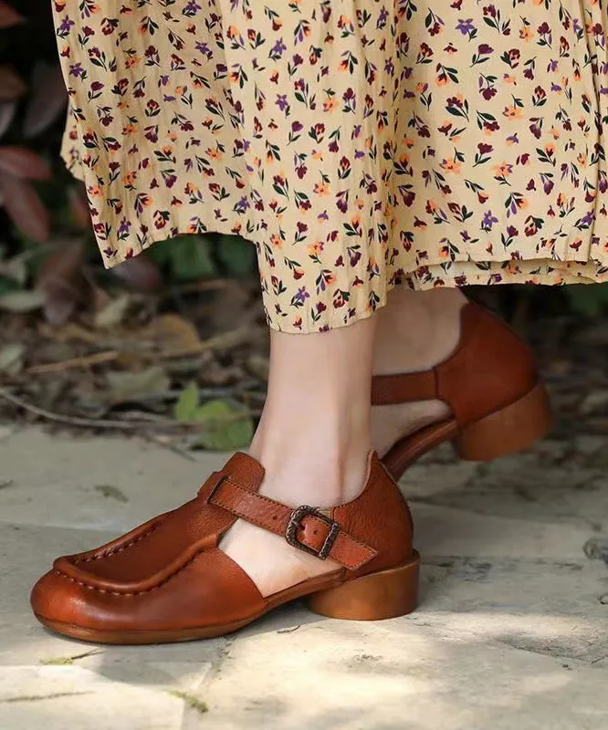 Brown Sandals Chunky Cowhide Leather Retro Splicing Buckle Strap