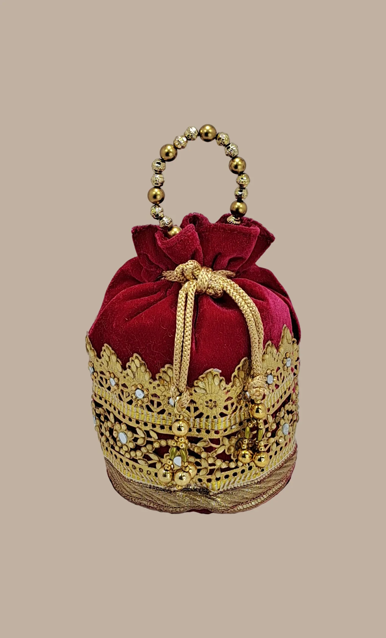 Cerise Velvet Embroidered Pouch Bag