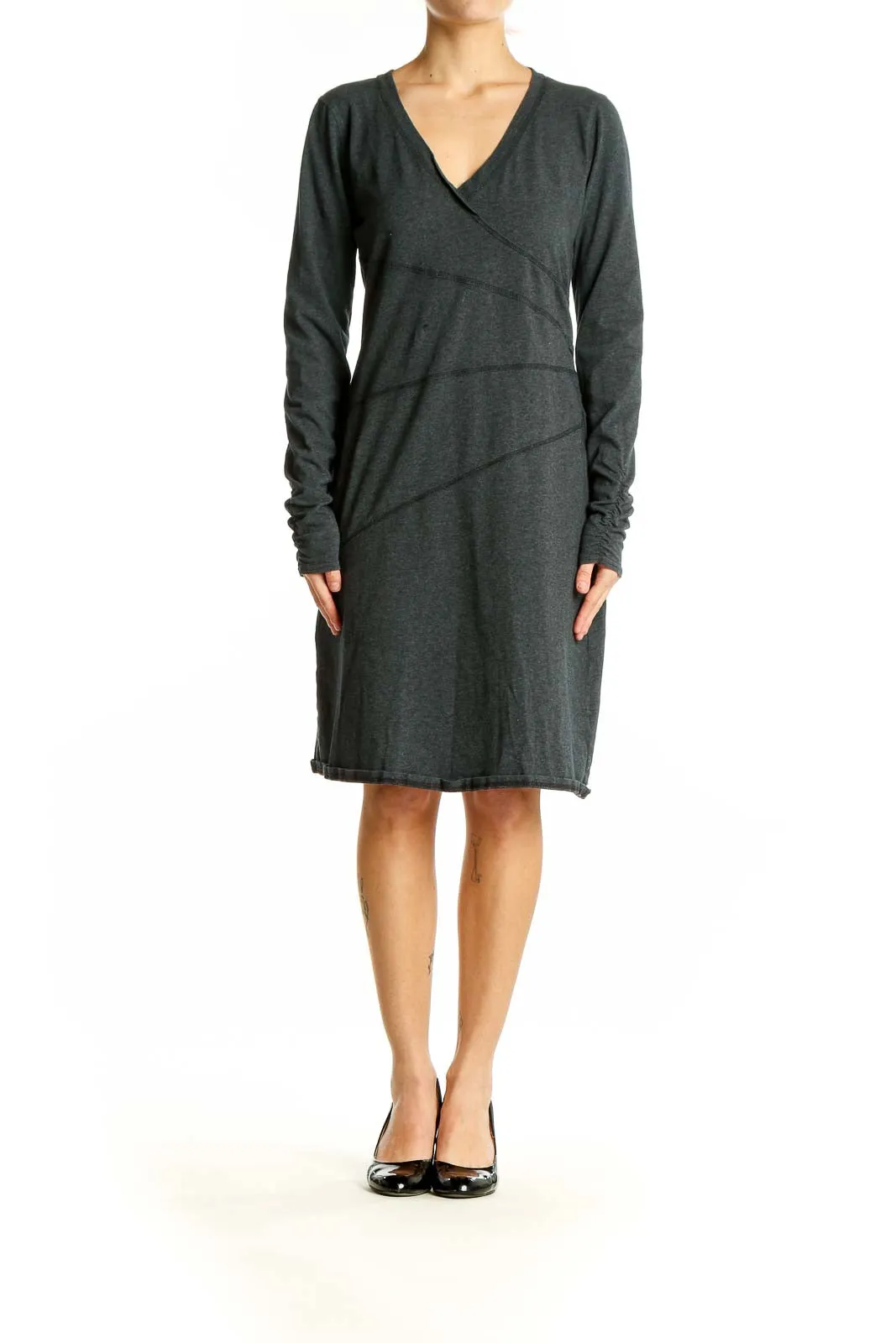 Charcoal Wrap-Style Cotton Blend Dress