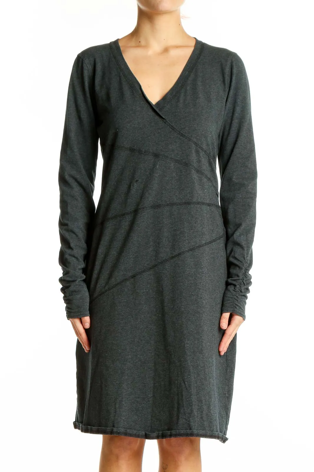 Charcoal Wrap-Style Cotton Blend Dress