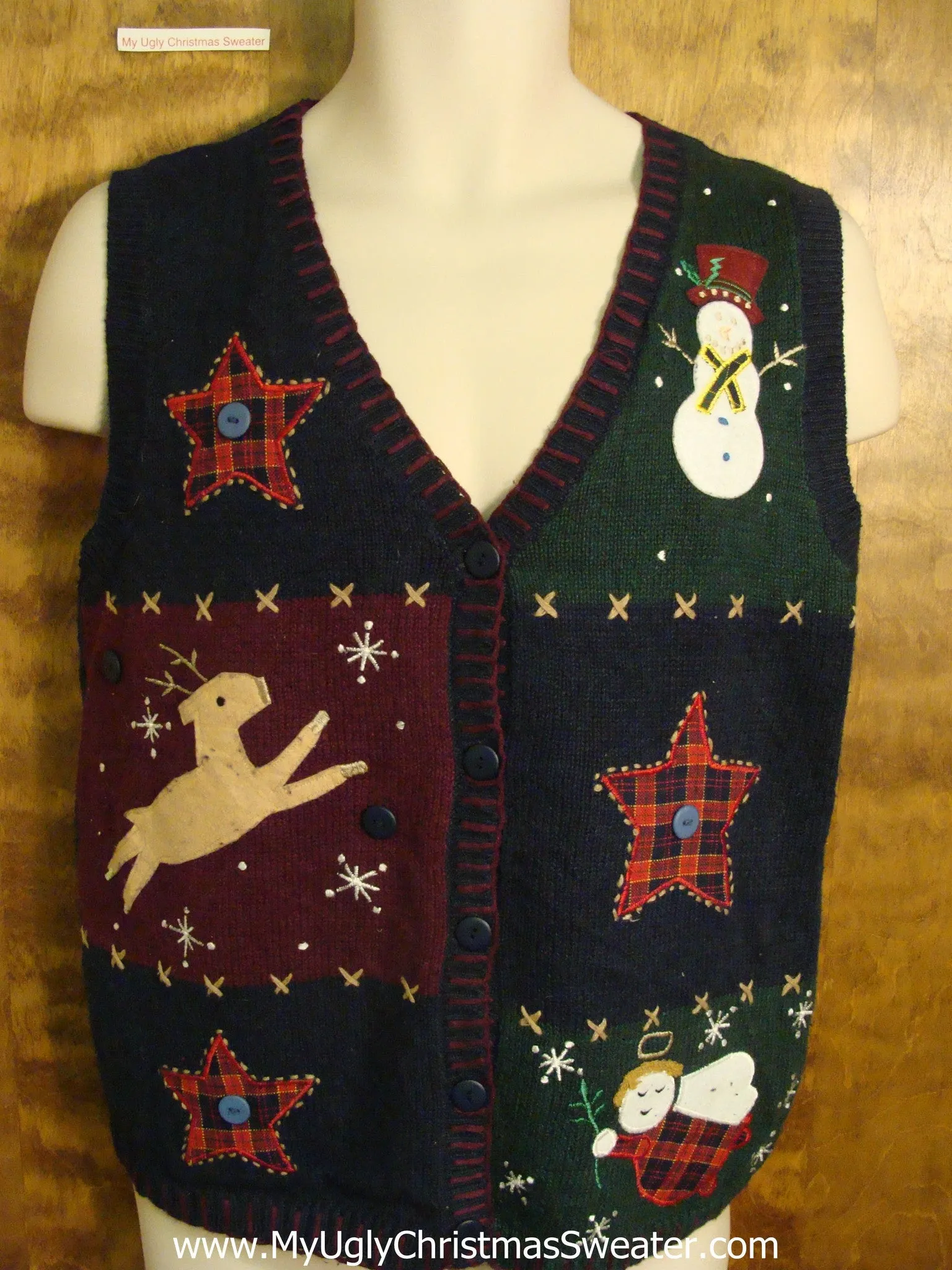 Crafty Plaid Stars and a Reindeer Ugly Christmas Sweater Vest