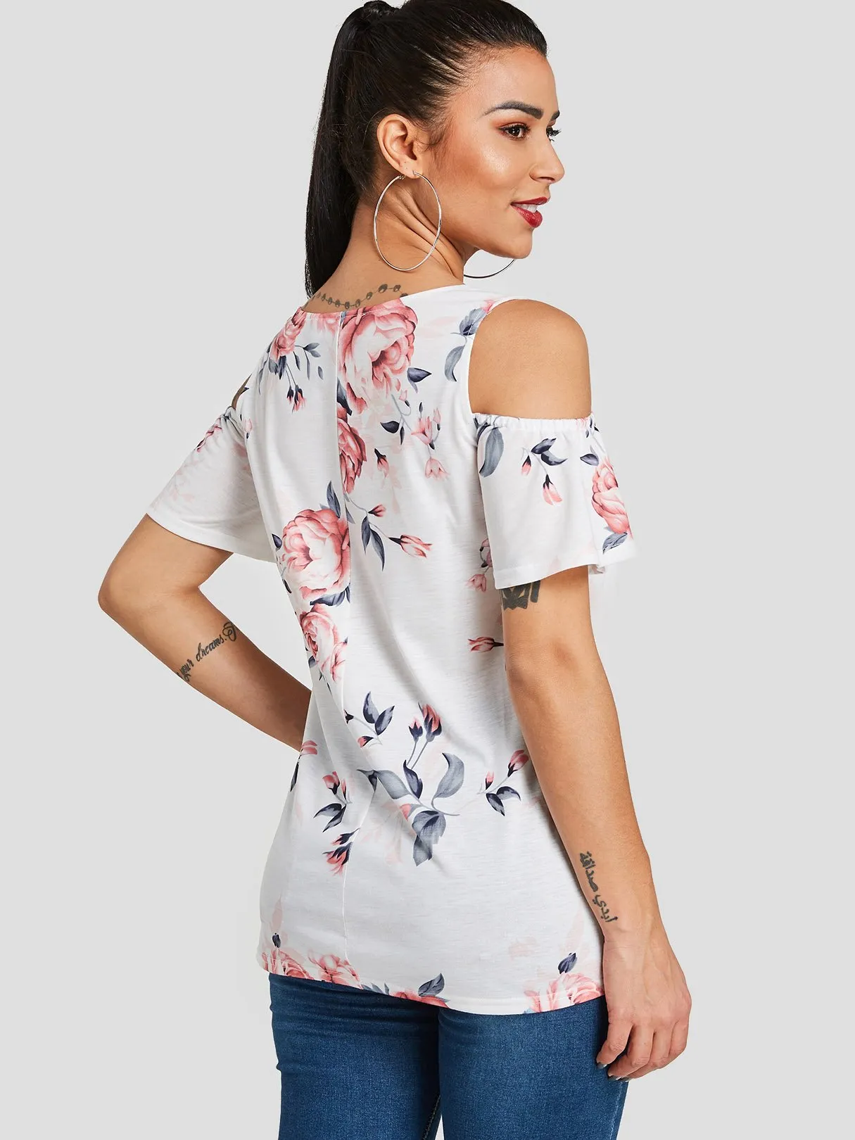 Custom Cold Shoulder Floral Print Short Sleeve White T-Shirts