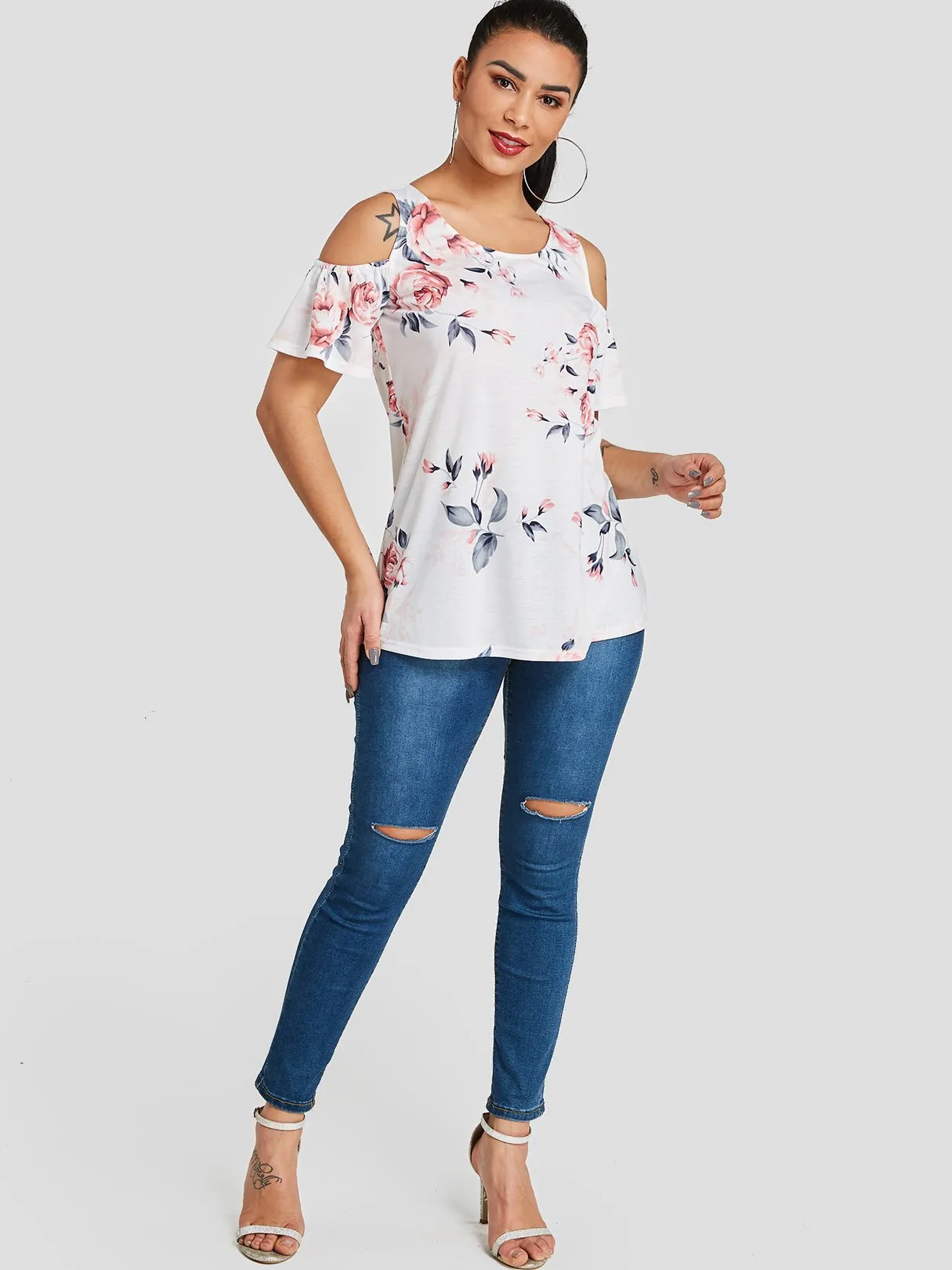 Custom Cold Shoulder Floral Print Short Sleeve White T-Shirts