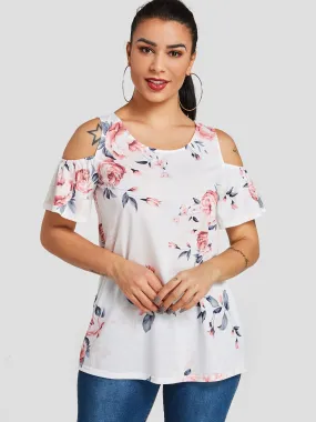 Custom Cold Shoulder Floral Print Short Sleeve White T-Shirts