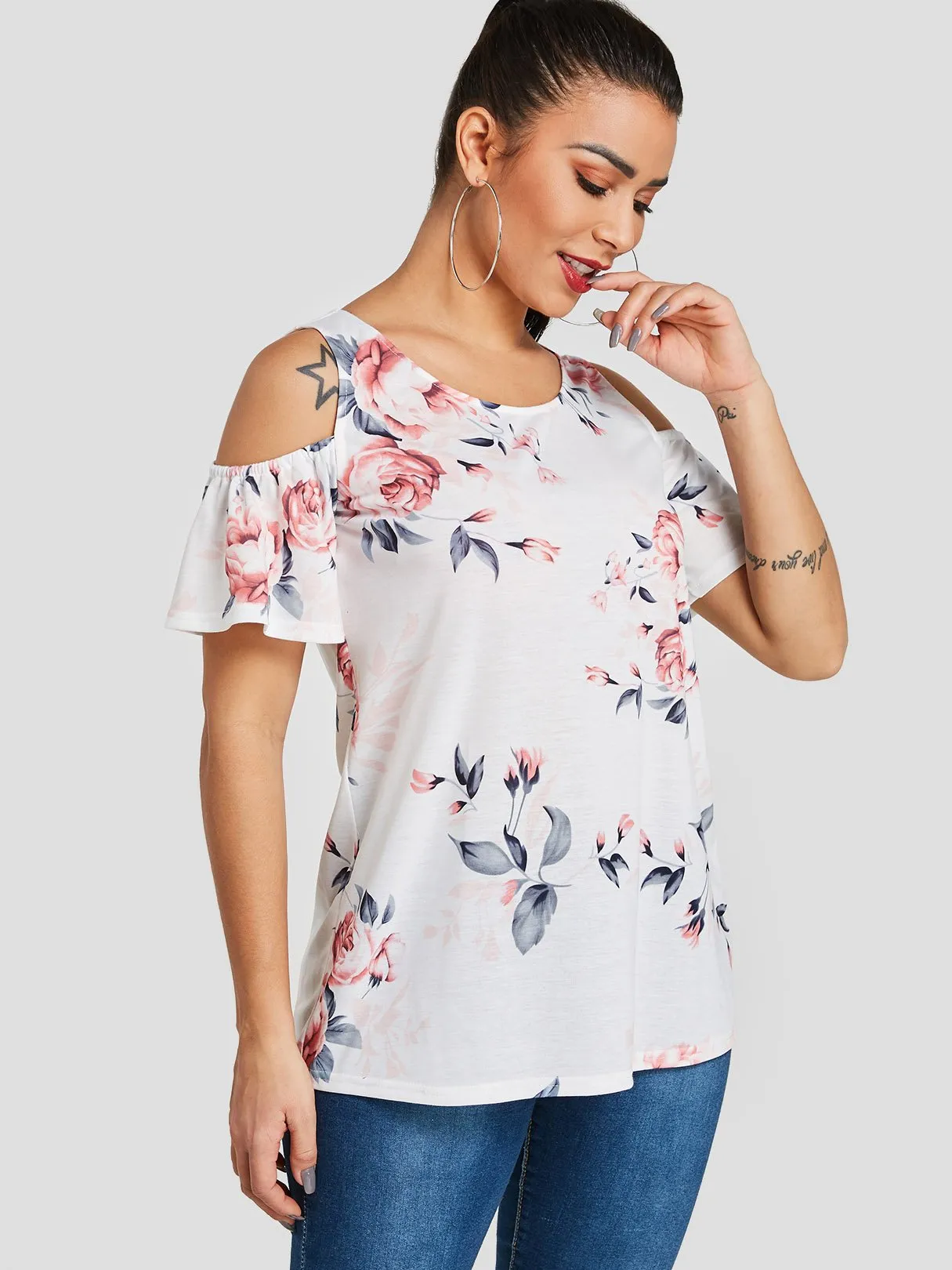 Custom Cold Shoulder Floral Print Short Sleeve White T-Shirts