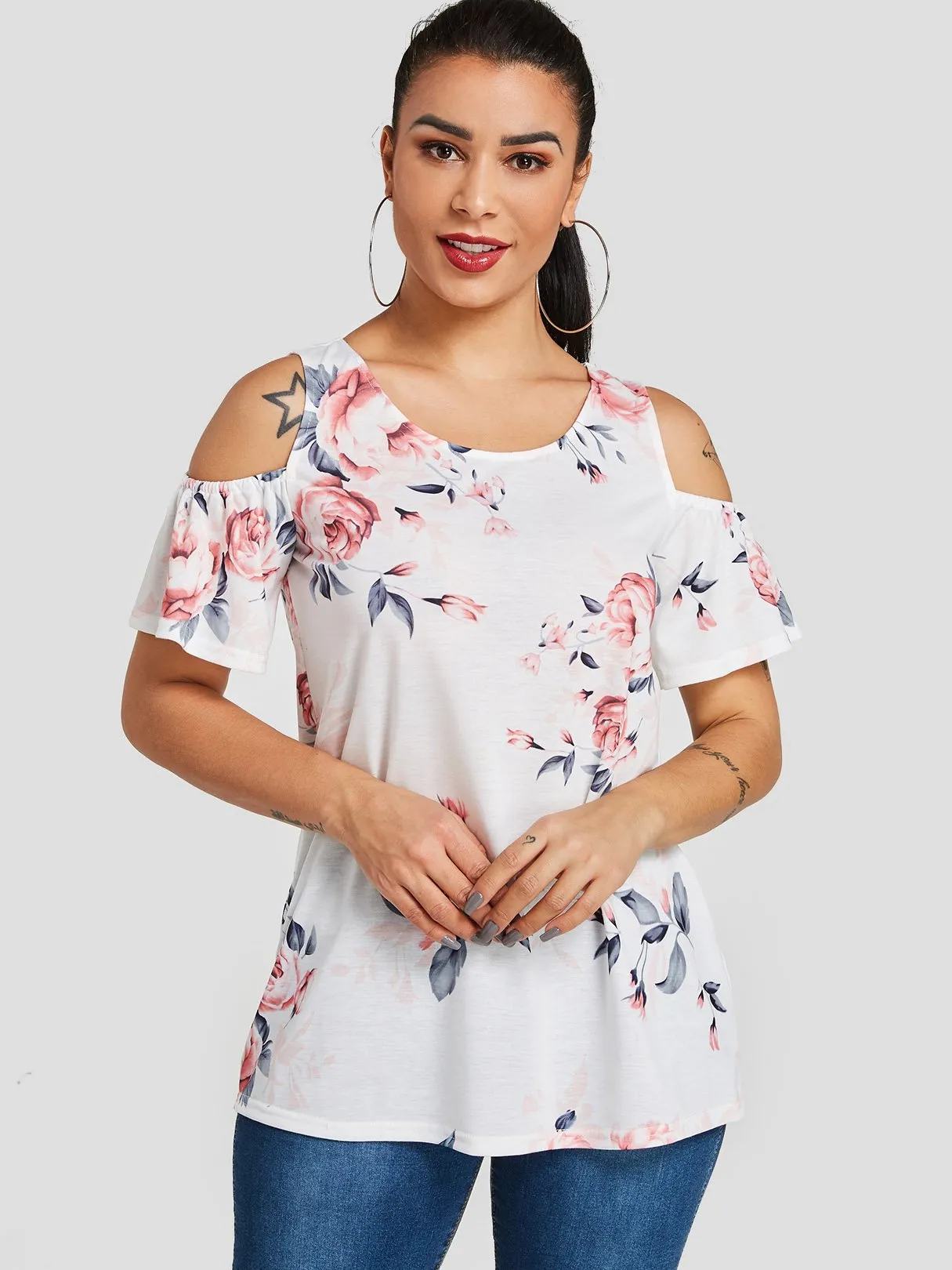 Custom Cold Shoulder Floral Print Short Sleeve White T-Shirts