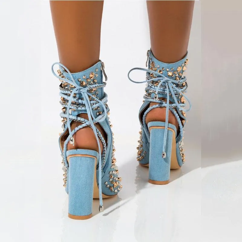 Denim Blue Open Toe Rivet Strap Chunky Heel Sandals