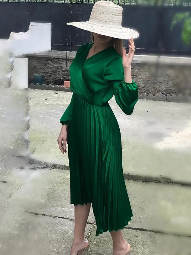 Dunnmall Women's A Line Dress Knee Length Dress Green Long Sleeve Solid Color Ruched Summer V Neck Hot Sexy S M L XL