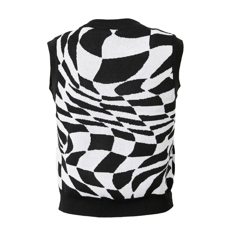 Edgy Contrast Black and White Checkered Print V Neck Swirl Sweater Vest