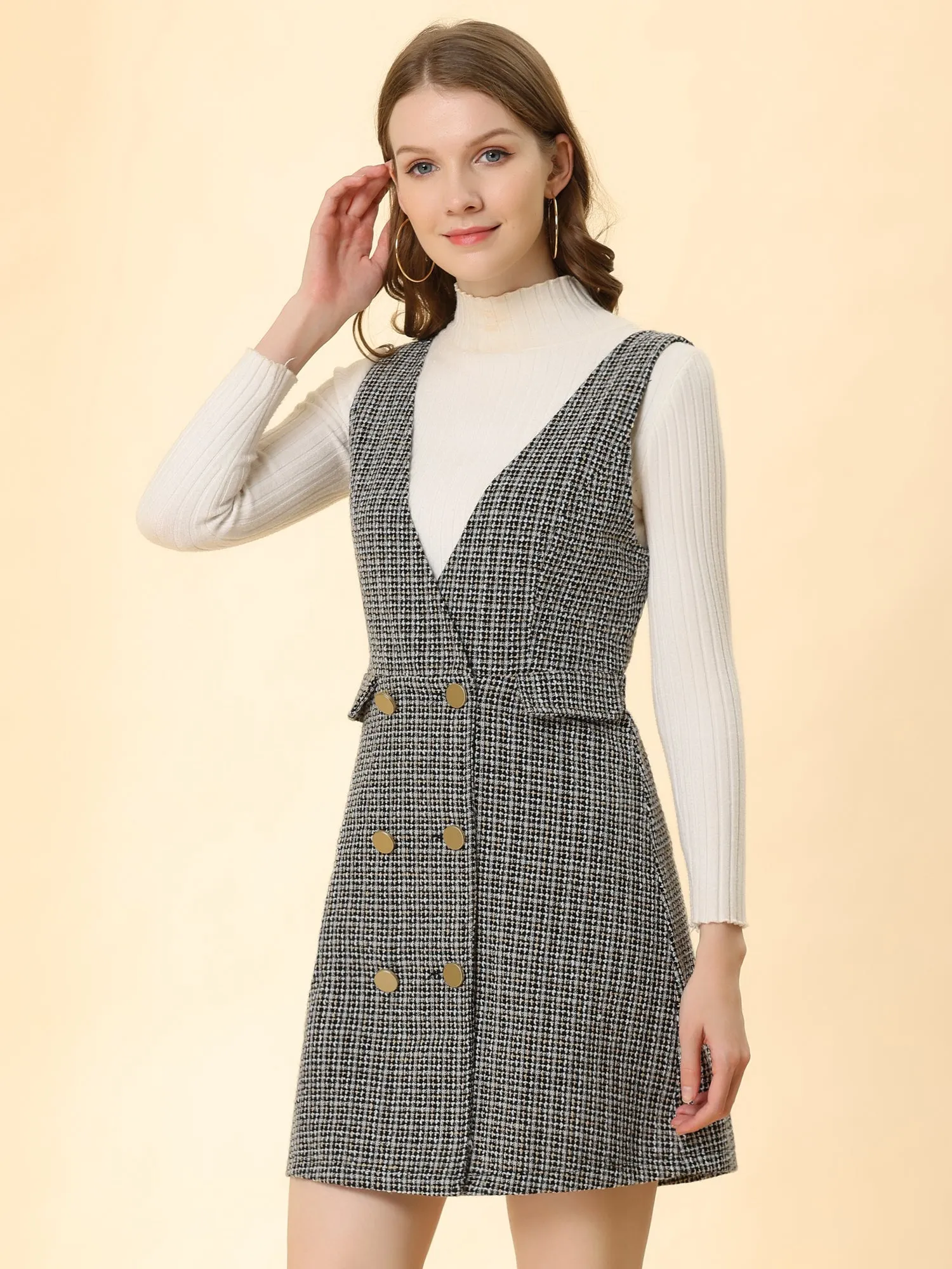 Elegant Button Front V Neck Plaid Tweed Overalls Pinafore Dress