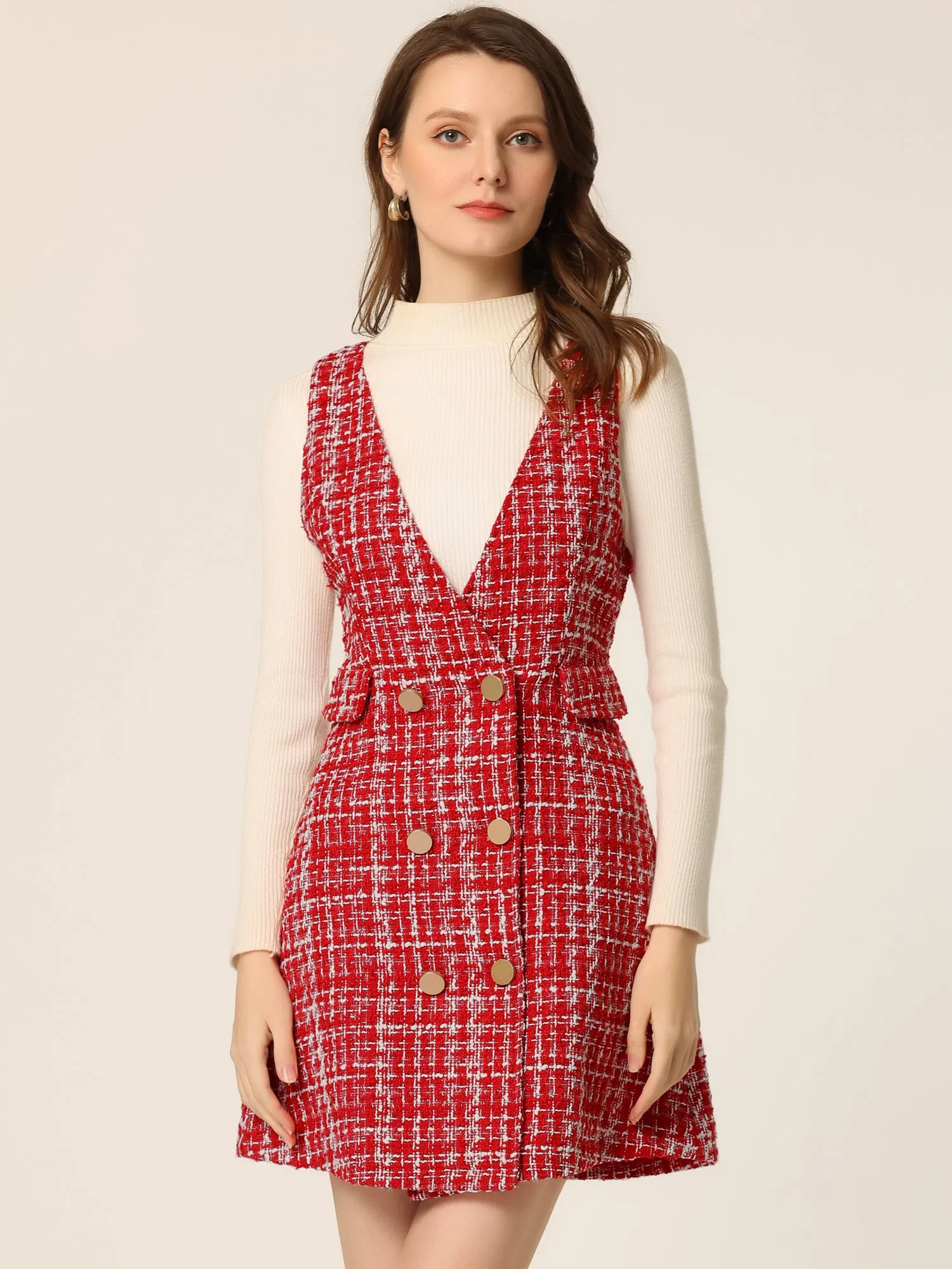 Elegant Button Front V Neck Plaid Tweed Overalls Pinafore Dress