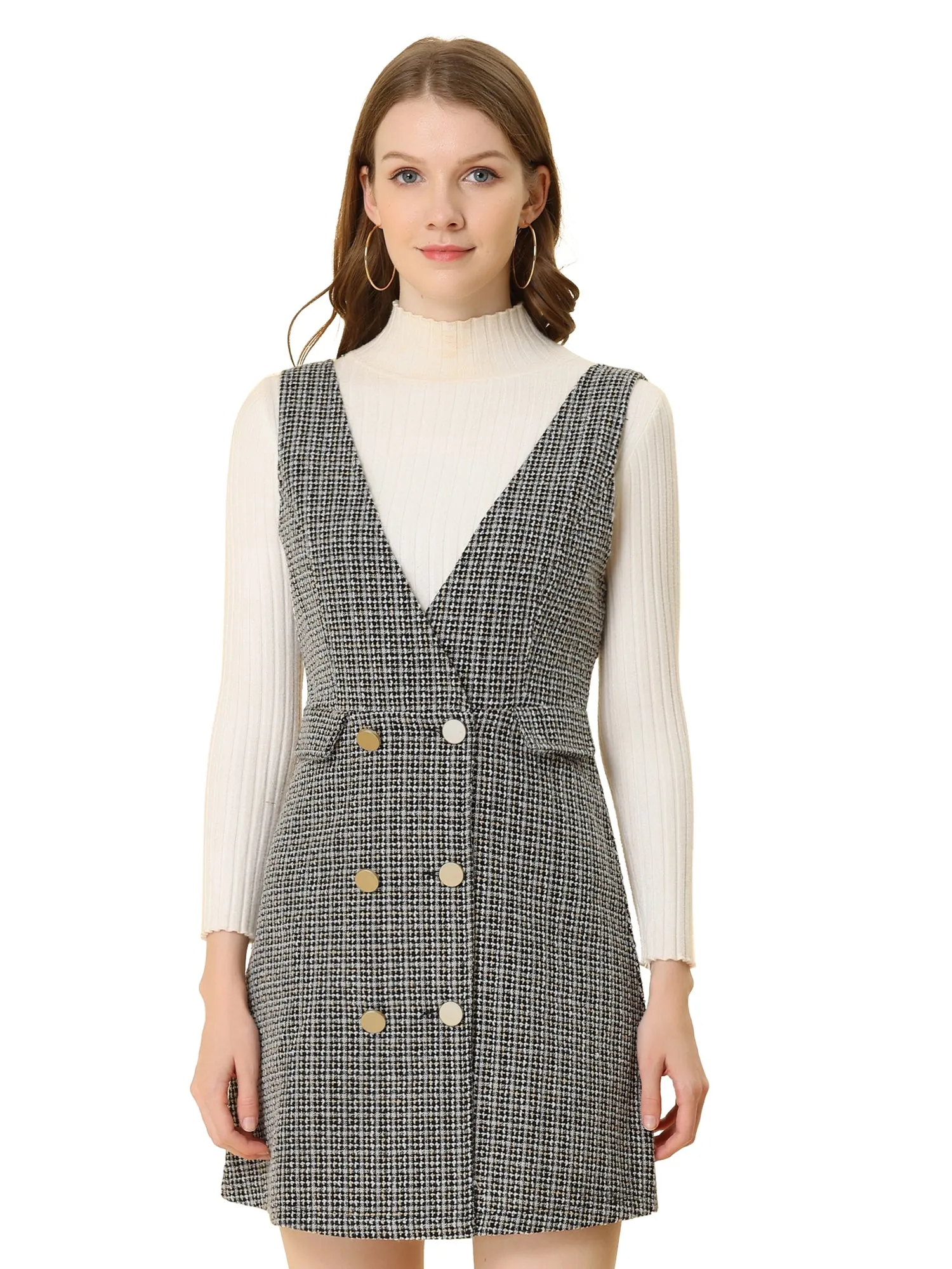 Elegant Button Front V Neck Plaid Tweed Overalls Pinafore Dress