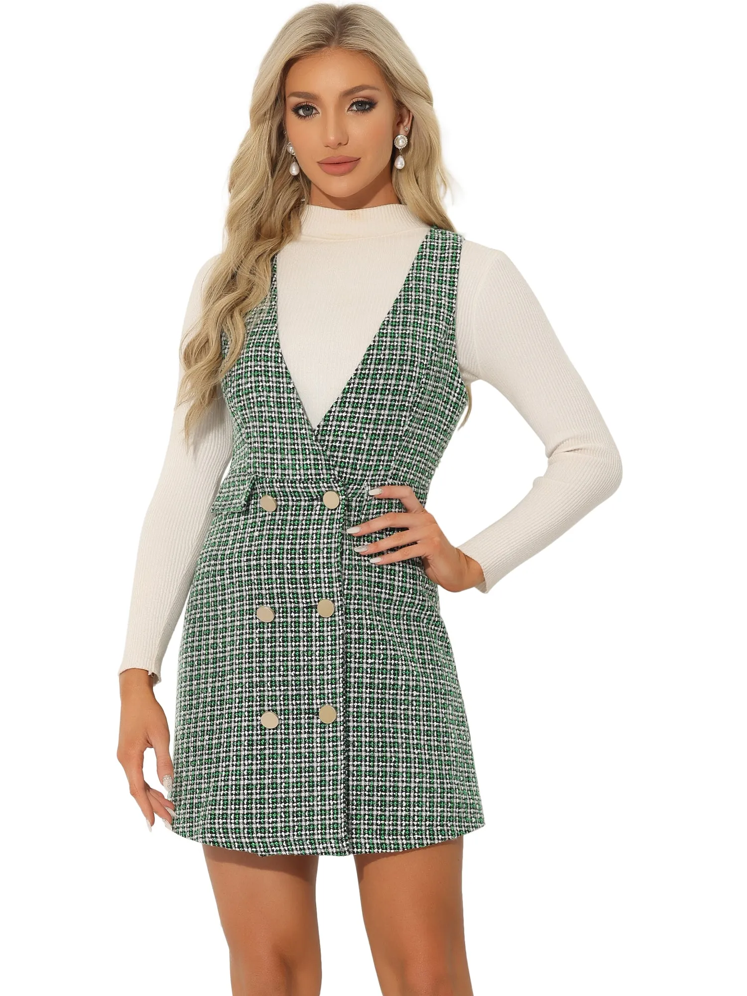 Elegant Button Front V Neck Plaid Tweed Overalls Pinafore Dress