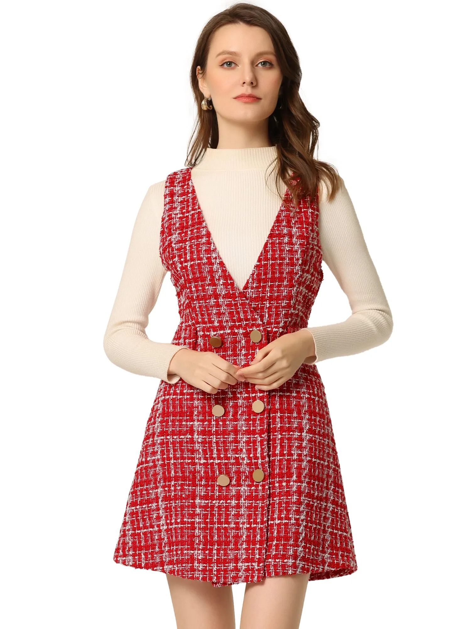 Elegant Button Front V Neck Plaid Tweed Overalls Pinafore Dress