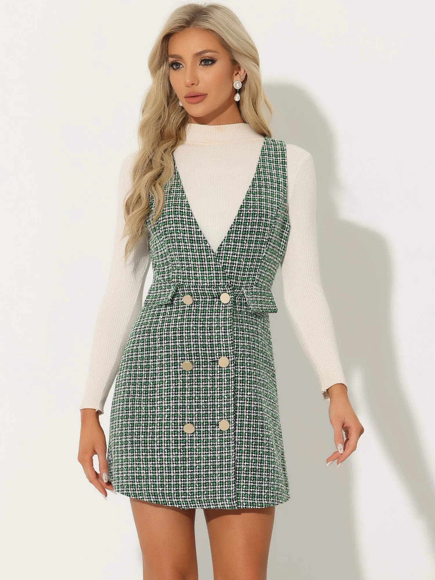 Elegant Button Front V Neck Plaid Tweed Overalls Pinafore Dress