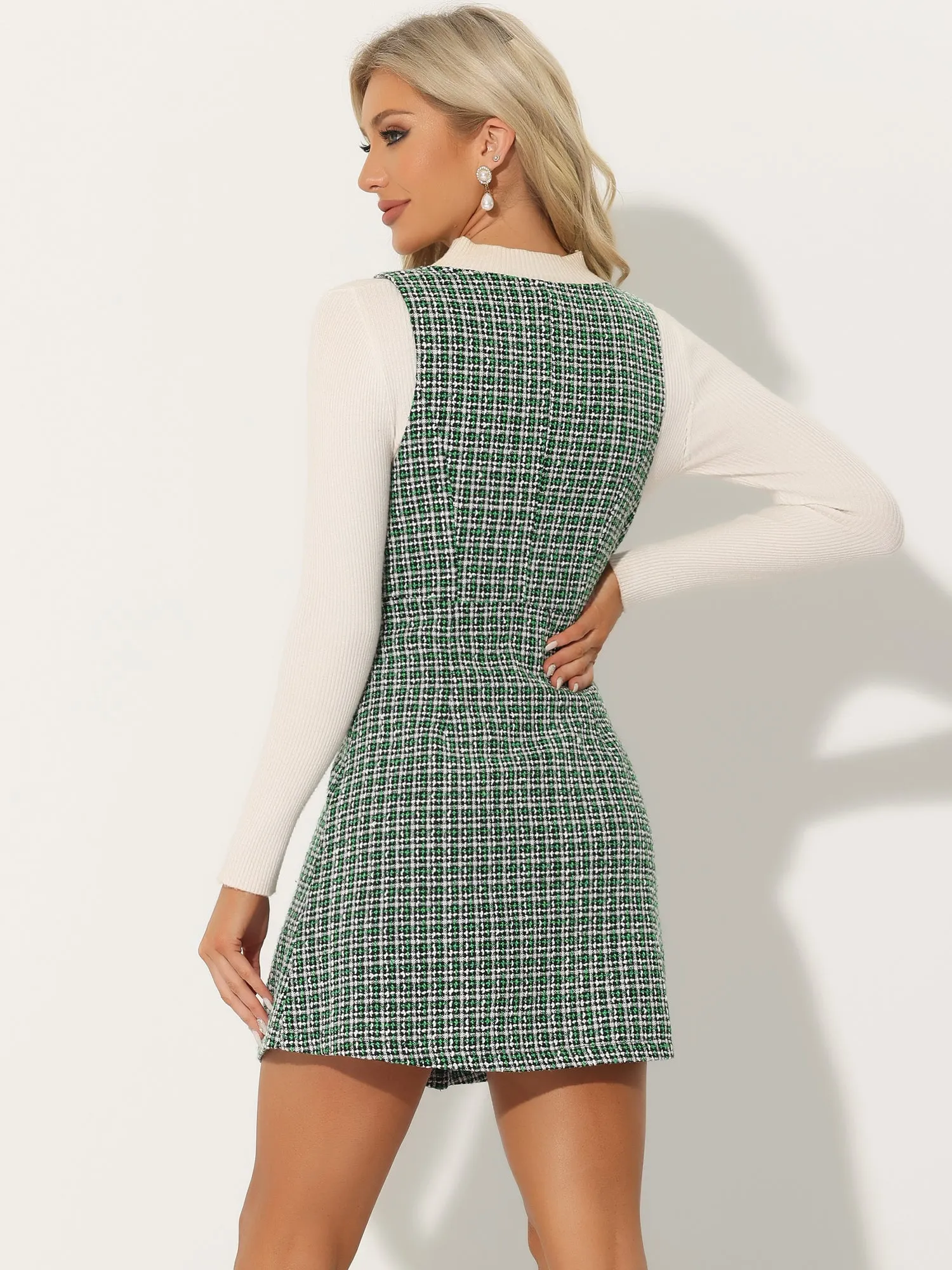 Elegant Button Front V Neck Plaid Tweed Overalls Pinafore Dress