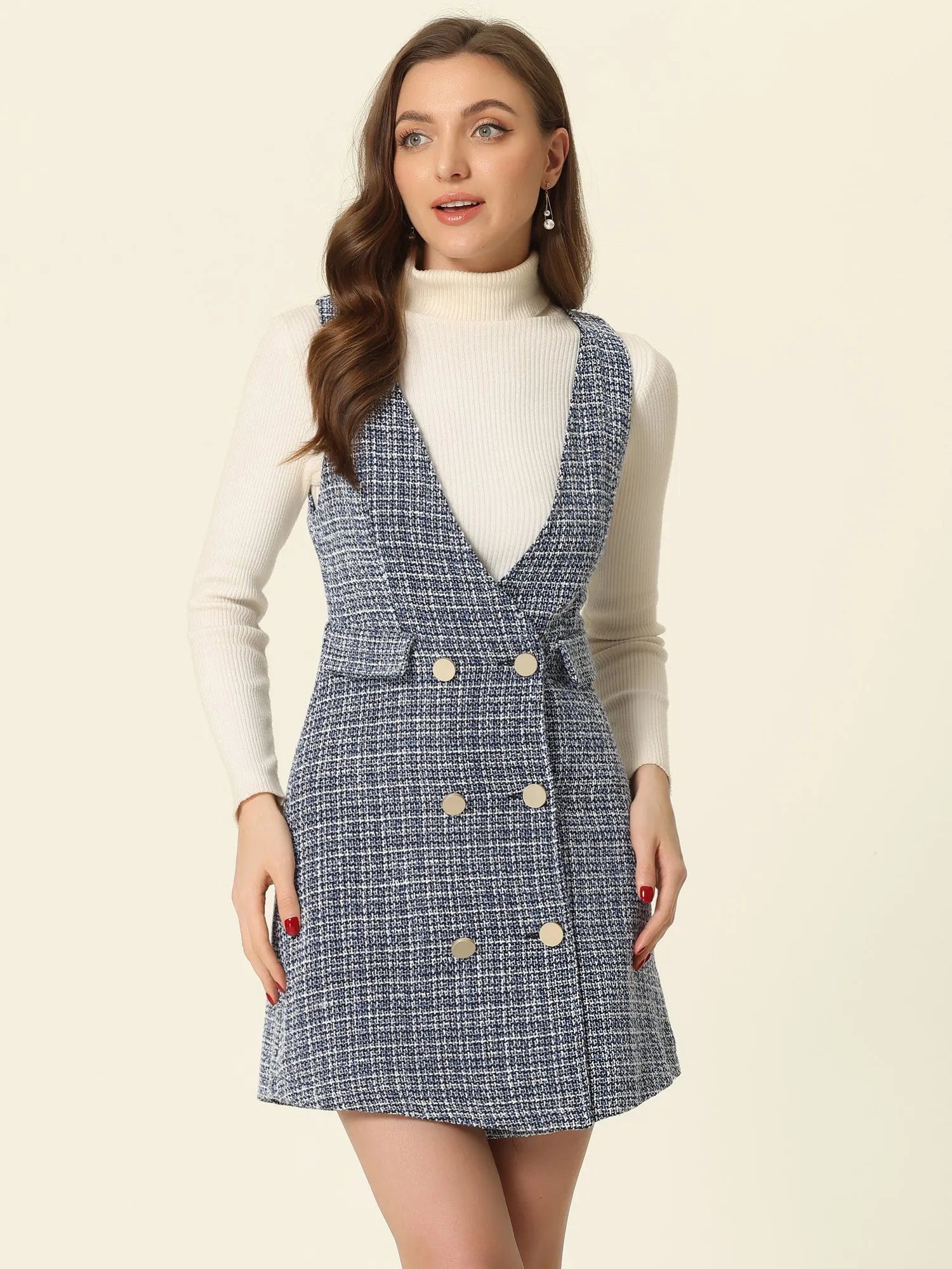 Elegant Button Front V Neck Plaid Tweed Overalls Pinafore Dress